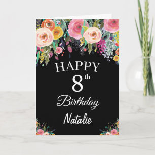 8. Geburtstag Aquarell Blumen Schwarz Karte