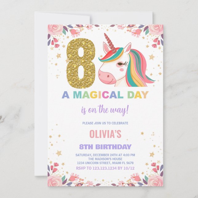 8. Geburtstag Einhorn Geburtstag Einladungen (Vorderseite)