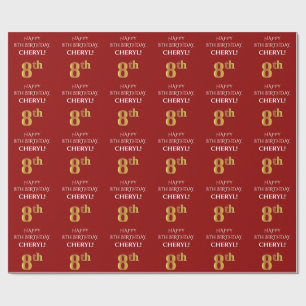 8. Geburtstag: Elegant, rot, Imitate Gold Look Geschenkpapier