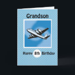 8. Geburtstag, Enkel, Flugzeug auf Blau Karte<br><div class="desc">Flugzeuge sind ein großes Thema für Jungen dieses Alters. Dieses Flugzeug fliegt hoch,  während Sie Ihrem Enkel ein glücklichen 8. Geburtstag wünschen. Blauer Hintergrund mit weißen Polkapunkten fügen ein Gefühl der Feier und des Spaßes für einen achten Geburtstag hinzu.</div>