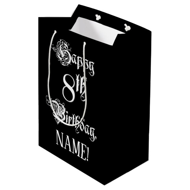 8. Geburtstag: Extravagant, elegant, Script + Indi Mittlere Geschenktüte (Rückseite Schrägansicht)