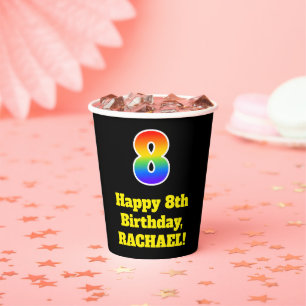 8. Geburtstag: Farbenfroh, Spaß, Spannung, Regenbo Pappbecher
