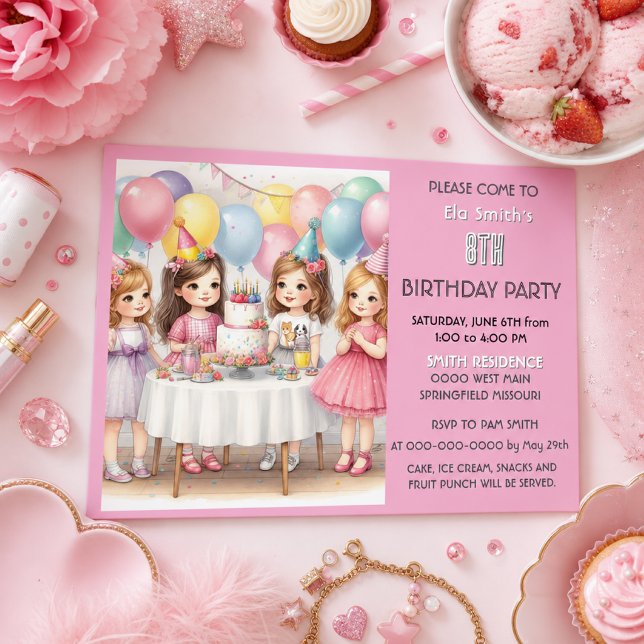 8. Geburtstag Girls Pink Balloons Einladung (Von Creator hochgeladen)