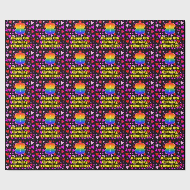 8. Geburtstag: Liebesherzen-Muster, Regenbogen # 8 Geschenkpapier (Saum)