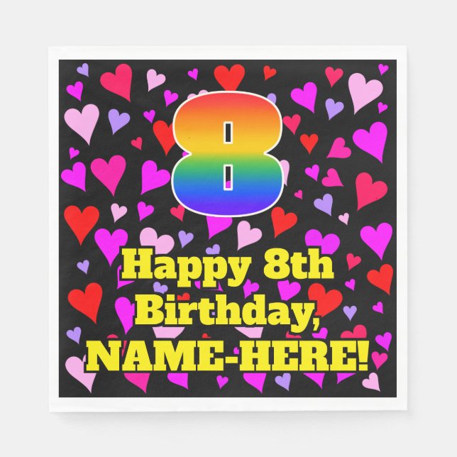 8. Geburtstag: Liebesherzen-Muster, Regenbogen # 8 Serviette (Vorderseite)