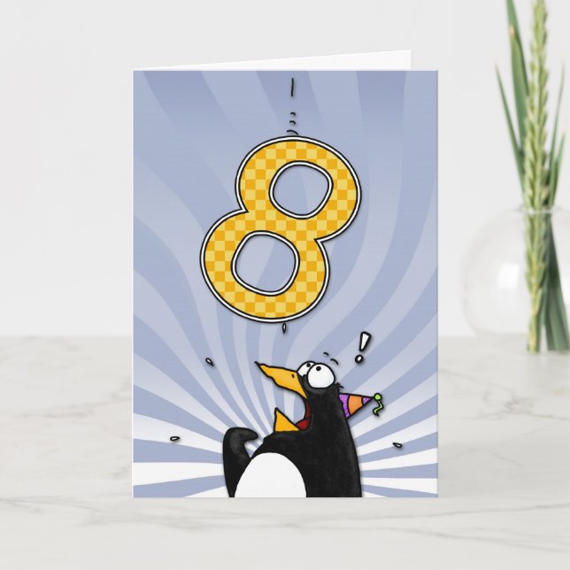 8. Geburtstag - Pinguin-Überraschung Karte (Vorderseite)