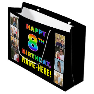 8. Geburtstag: Regenbogen-Text, individuelle Fotos Große Geschenktüte