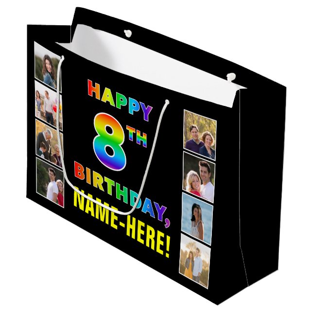 8. Geburtstag: Regenbogentext, benutzerdefinierte  Große Geschenktüte (Vorderseite Schrägansicht)