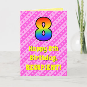 8. Geburtstag: Rosa Streifen & Herz, Regenbogen # Karte
