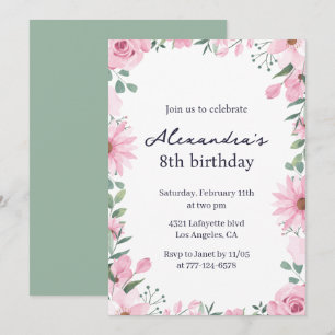 8. Geburtstagseinladungen Floral Frame Pink Grün Einladung