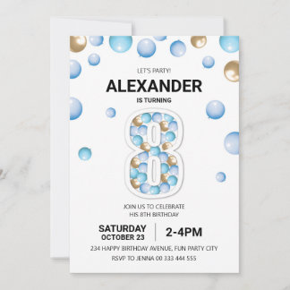 8. Geburtstagsparty, Blue and Gold Balloon Boy Einladung