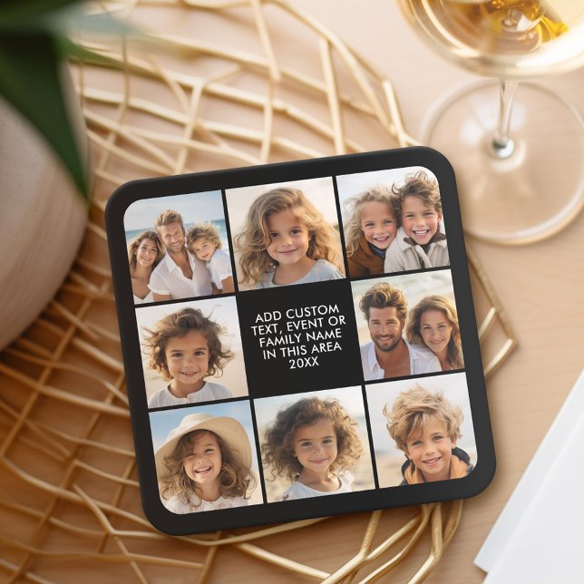 8 Photo Collage - Custom Text - Black Background Rechteckiger Pappuntersetzer (Personalized coaster - 8 photo collage)