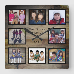 8 Photo Family Collage on Rustic Wood Quadratische Wanduhr