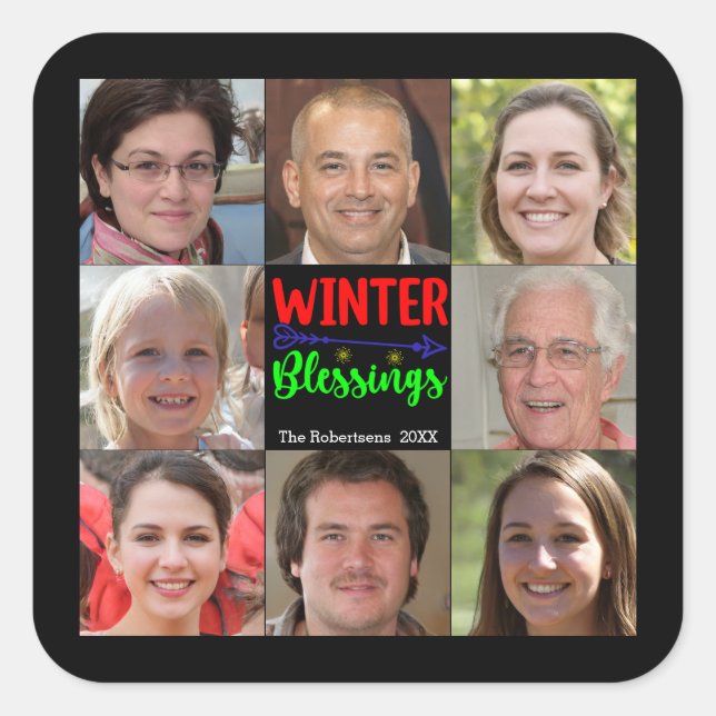 8 Picture Family Foto ✨ Collage Custom Christmas Quadratischer Aufkleber (Vorderseite)