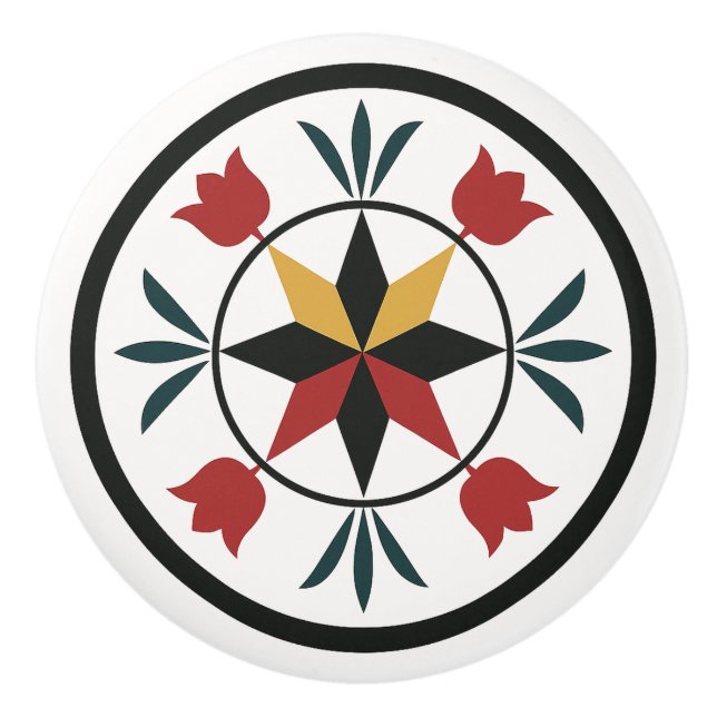 8 Pt Star Tulips Pennsylvania Dutch Hex Sign Knob Keramikknauf (Vorderseite)