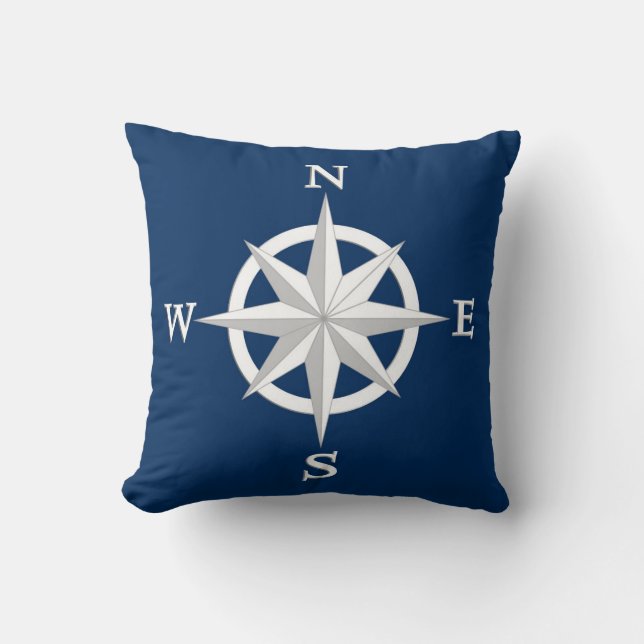 8-Punkte-Compass-Rose, Weiß- und Navy-Blau Kissen (Vorderseite)