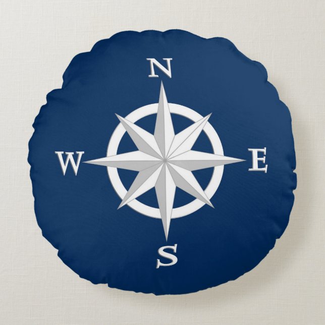 8-Punkte-Compass-Rose, Weiß- und Navy-Blau Rundes Kissen (Vorderseite)