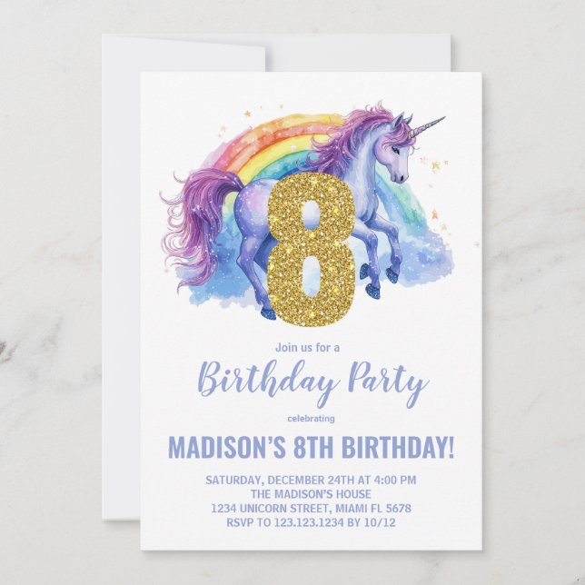 8. Rainbow Unicorn Geburtstag Einladungen (Vorderseite)