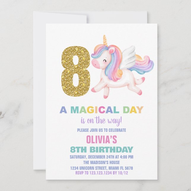 8. Rainbow Unicorn Geburtstag Einladungen (Vorderseite)