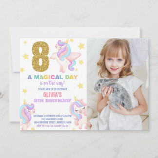8. Rainbow Unicorn Geburtstag Einladungen mit Foto