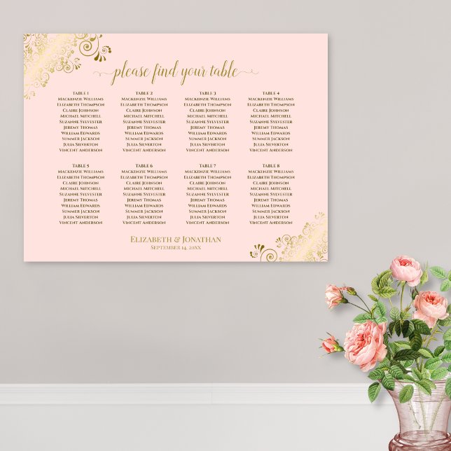 8 Tabelle Hochzeitskartentabelle Rosa und Gold rot Poster (In Situ on Wall with Flowers)