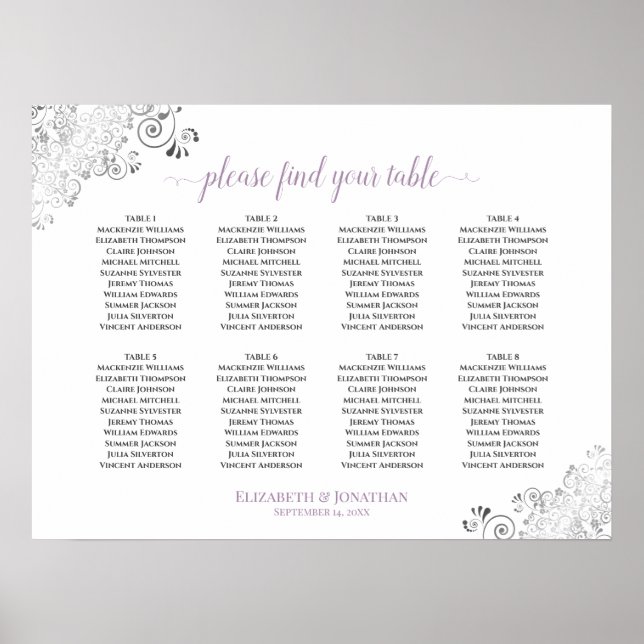 8 Tabelle Lacy Lavender Wedding Seating Chart Whit Poster (Vorne)