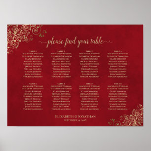 8 Tabelle Red & Gold Lace Wedding Seating Chart Poster