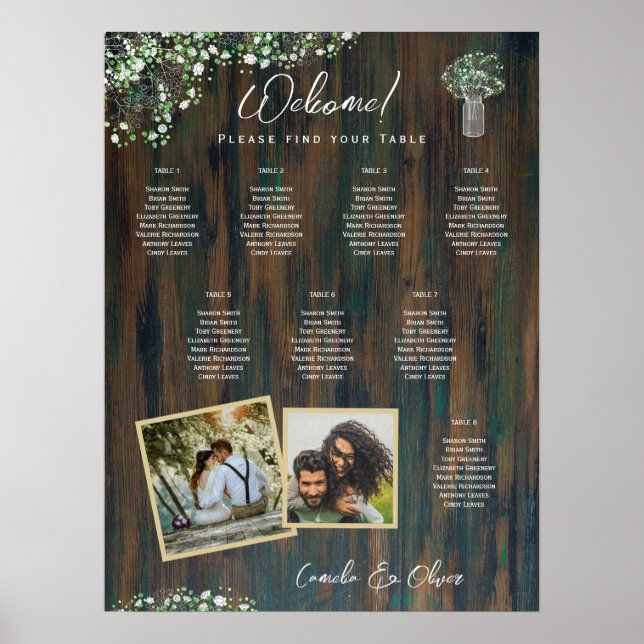 8 Tabelle Rustikales Holz Gypsophila FOTO SITZENDE Poster (Vorne)