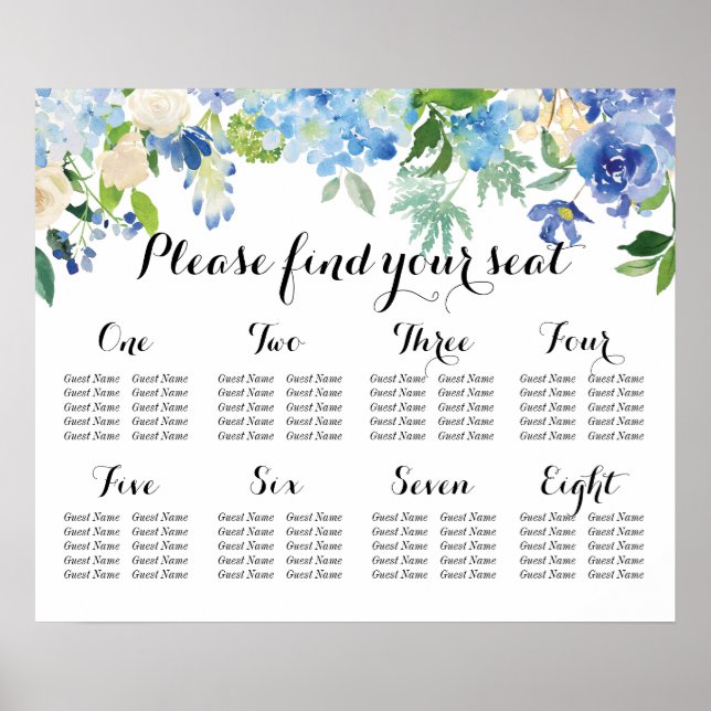8 Tabelle Seekarte - Blue Florals und Hydrangea Poster (Vorne)