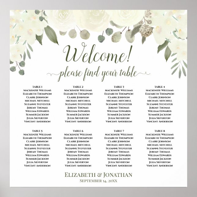 8 Tabelle White Roses Boho Hochzeitsdiagramm Poster (Vorne)