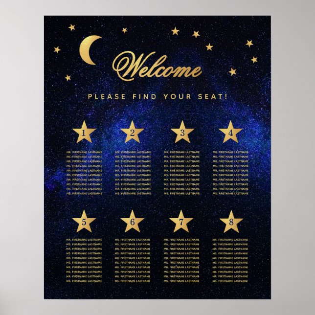 8 Table Blue Gold Celestial Seating Chart Poster (Vorne)