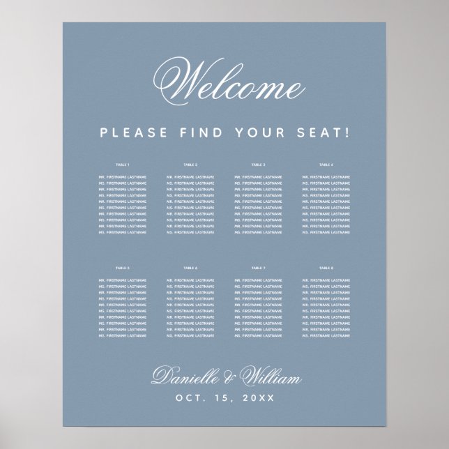 8 Table Dusty Blue Wedding Simple Seating Chart Poster (Vorne)