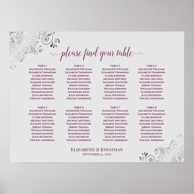 8 Table Wedding Chart Cassis Lila & grau Poster (Vorne)