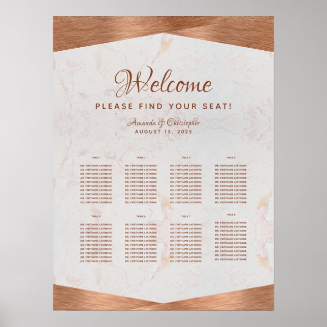8 Table Wedding Seating Chart Copper Marmorskript Poster (Vorne)