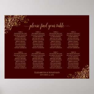 8 Table Wedding Seating Chart Gold Frills Auburn Poster