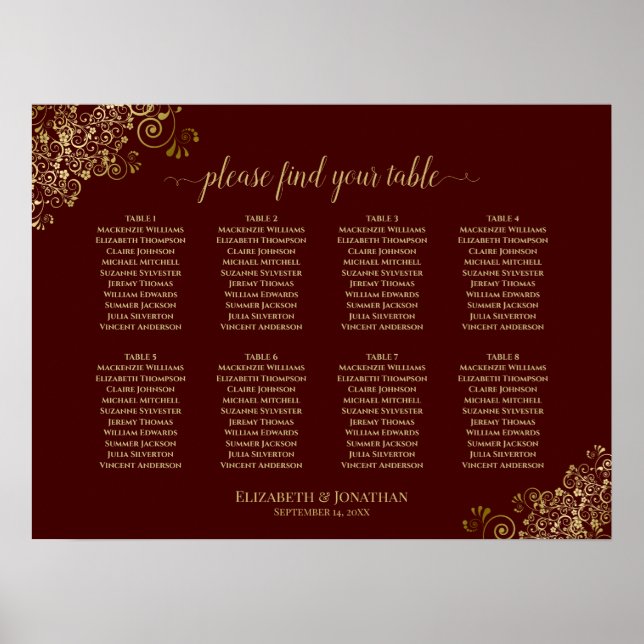8 Table Wedding Seating Chart Gold Frills Auburn Poster (Vorne)
