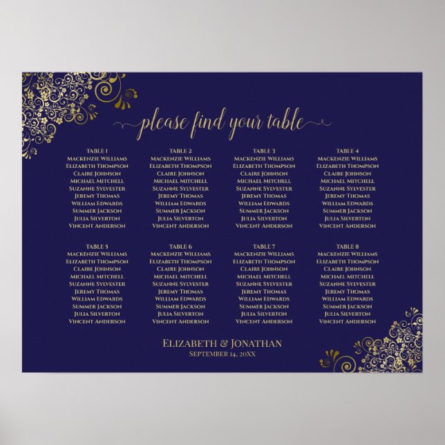 8 Table Wedding Seating Chart Lacy Gold Navy Blue Poster (Vorne)