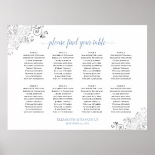 8 Table White & Blue Frilly Wedding Seating Chart Poster