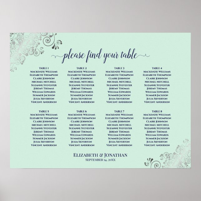 8 Tafelsitzkarten mit Minze Green & Navy Poster (Vorne)