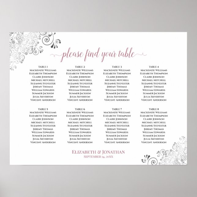 8 Tafelweiß und Rose Frily Wedding Seating Chart Poster (Vorne)