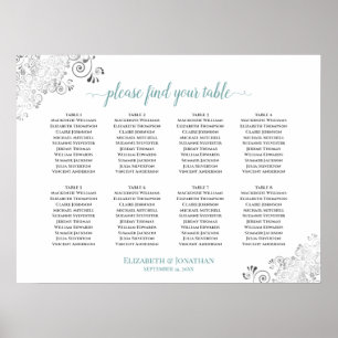 8 Tafelweiße und Aquamarine Frily Wedding Seating  Poster