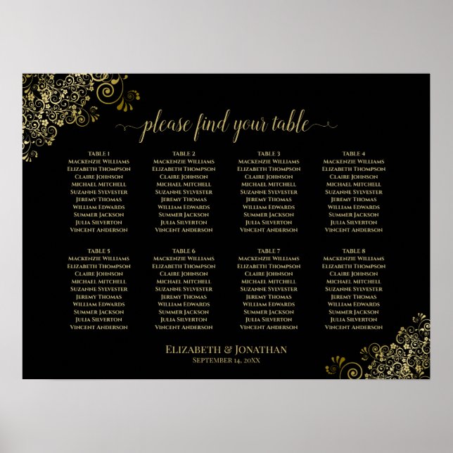 8 Tisch Hochzeitskronen Gold Frills auf schwarz Poster (Vorne)