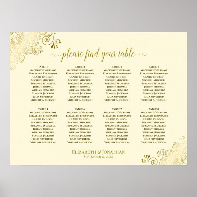 8 Tisch Hochzeitsstühle Gold Frills auf Creme Poster (Vorne)