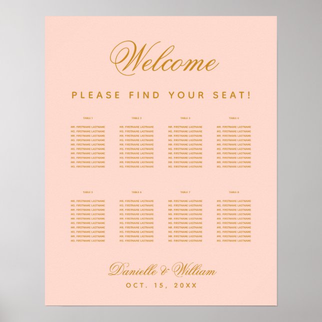 8 Tische Blush Wedding Simple Pink Seating Chart Poster (Vorne)
