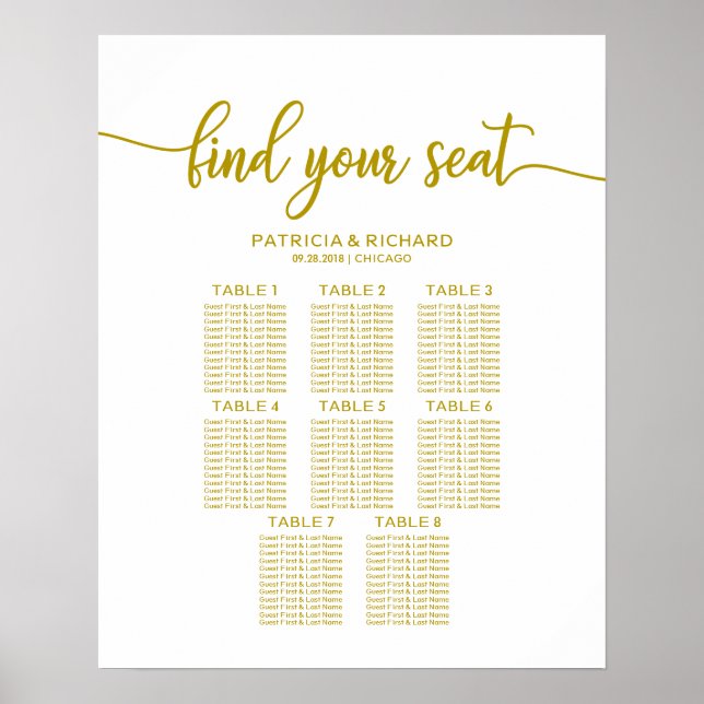 8 Tische Hochzeitskarte Gold Calligraphie Poster (Vorne)