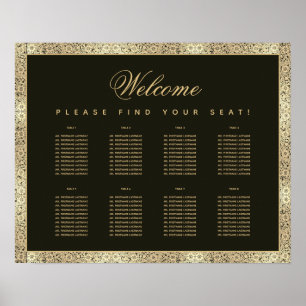 8 Tische Schwarz Gold Elegant Vintage Sitzplan Poster