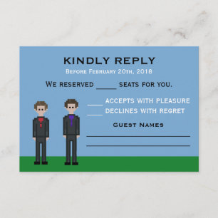 8bit Pixel Gamer Groom & Groom Wedding RSVP Karte
