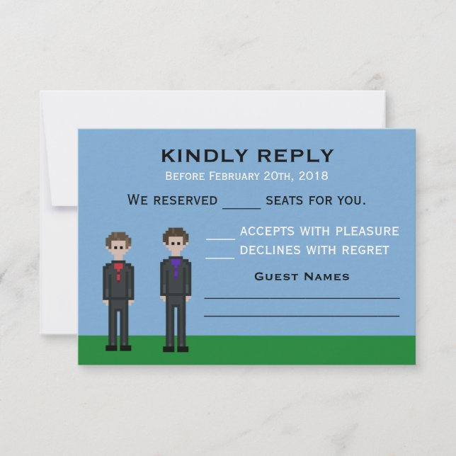 8bit Pixel Gamer Groom & Groom Wedding RSVP Karte (Vorderseite)