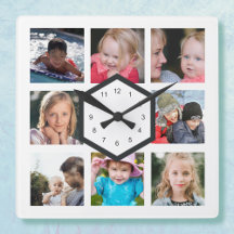 8er Foto-Collage Weiße quadratische Wanduhr