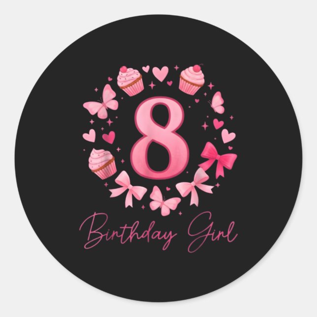 8th Birthday Girl Aesthetic Coquette Bow  Runder Aufkleber (Vorderseite)